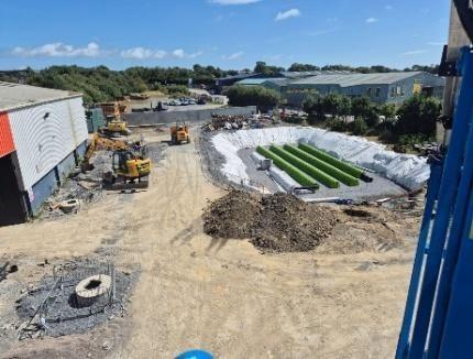 Aerial view of a Clarke Civil Works site with groundworks and ducting installation underway